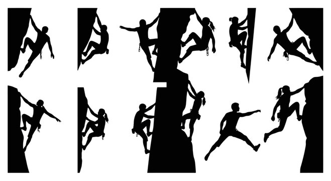 Silhouette illustrations of people rock climbing.