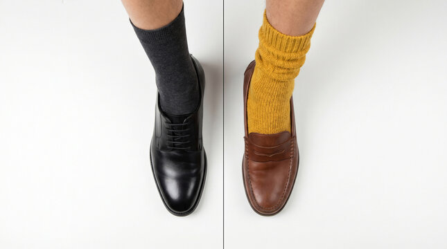Two different leg and shoe styles on a white floor, showing contrast.