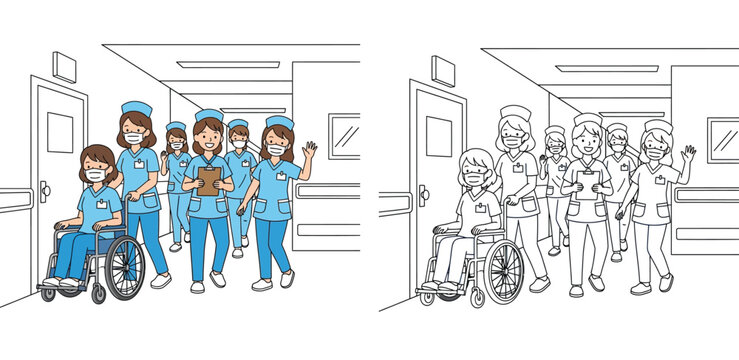 Vector illustration of nursing team in scrubs and face masks walking in hospital corridor pushing patient in wheelchair, includes colored and black and white line art outline versions.