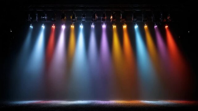 Blank stage with colorful spotlights, vibrant lighting setup on an empty platform, dramatic atmosphere for performance or presentation concept