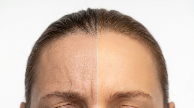 Woman's forehead before and after successful anti-aging cosmetic treatment