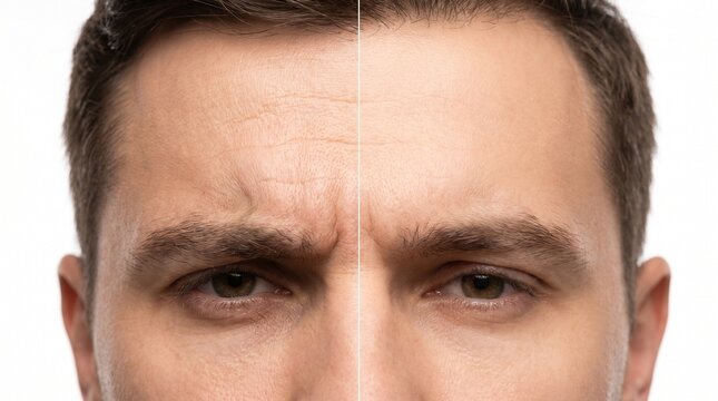 Man's forehead before and after anti-aging wrinkle removal procedure