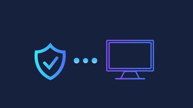 Animated motion graphics of a laptop icon connecting to a file folder via pulsing dots. Conceptualizing data transfer, local file storage, and computer-to-directory organization on dark blue.