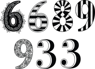 Fototapeta premium Collection of decorative, patterned, and ornamental number digits including six, eight, nine, and three for creative typography, graphic design, and artistic projects.