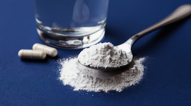 Powdered magnesium on spoon near water glass and capsules. Blue background texture. Health supplement for fitness and wellness. Dosage for athletes.