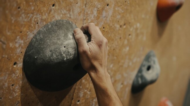 Climbers hand gripping textured hold on indoor climbing wall. Athlete trains strength and endurance on artificial rock surface. Focus on hand muscles and grip technique.
