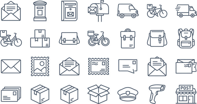 A comprehensive collection of thin line icons representing various logistics delivery services and professional postal mail operations