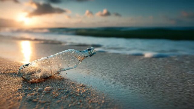 Plastic bottle on a beach, environmental pollution concept highlighting ocean contamination, waste impact, and need for conservation