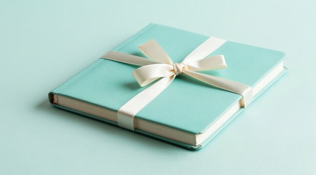Light mint green notebook with cream ribbon tied in a bow. Closed book sits on matching pastel background. Blank cover for branding and design.