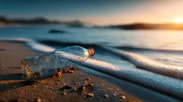 Plastic bottle on a beach, environmental pollution concept highlighting ocean contamination, waste impact, and need for conservation