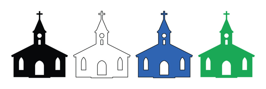 Church building icon set, 4 vector illustrations of religious architecture, black, outline, blue, and green church symbols for spiritual design, worship, and community projects