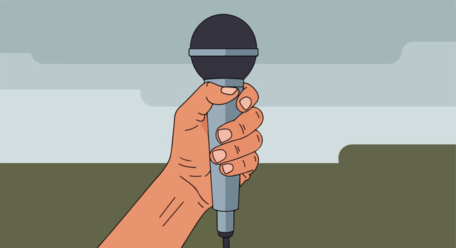 A stylized illustration of a human hand firmly holding a vertical microphone