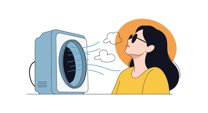 Woman enjoying cool air from a portable fan or air conditioner unit during hot weather representing indoor comfort levels.