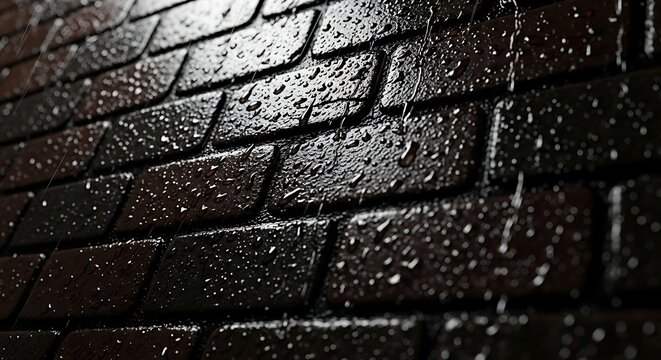 Wet brick pavement surface with raindrops at night, closeup view of dark textured masonry background