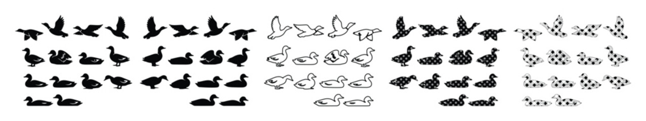 Fototapeta premium Flying Bird Silhouettes, a collection of diverse bird flight path vectors. Minimalist black and white avian icons, perfect for nature-themed designs, logos, and wildlife illustrations.