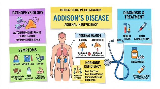 Medical concept illustration of addison's disease adrenal insufficiency symptoms diagnosis and treatment