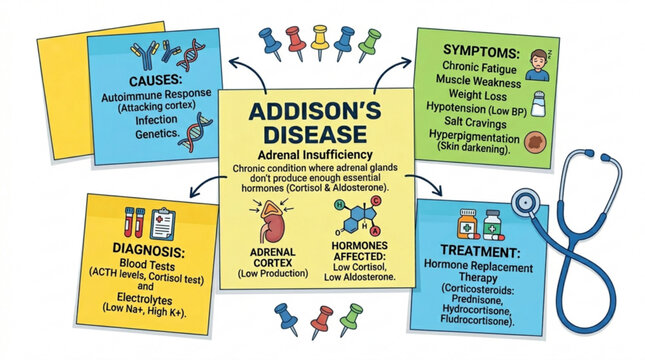 Addison's disease symptoms causes diagnosis and treatment infographic
