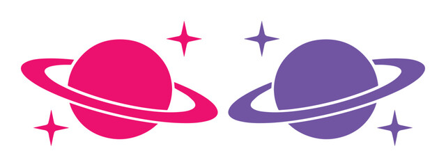 Vibrant pink and purple planet icons, celestial space vector graphics, cosmic Saturn-like symbols with sparkling stars, playful galaxy illustrations for branding and design projects © Haseeb's Work
