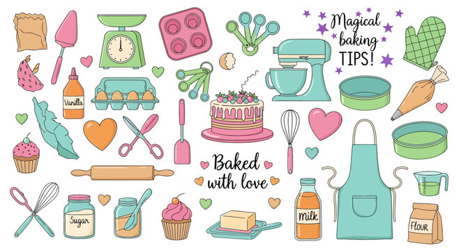 Hand drawn baking tools and kitchen equipment vector set, pastel pastry cooking icons, cute bakery supplies for recipe books and blogs