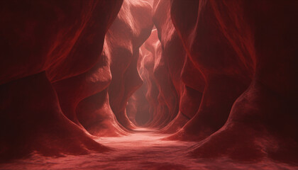 Fototapeta premium Abstract canyon red rock organic tunnel surreal landscape fantasy cave soft texture glowing light inner body velvet canyon 3d render Mysterious red rock passage forms organic tunnel like velvet