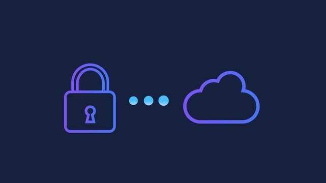 Animated motion graphics of a security shield connecting to a file folder via pulsing dots. Concept of digital document protection, encrypted data storage, and file safety on a dark background