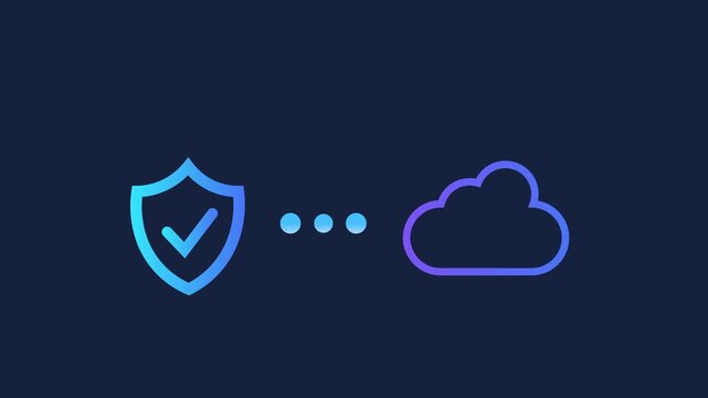 Animated motion graphics of a security shield icon connecting to a smartphone via pulsing dots. Conceptualizing mobile data protection, cybersecurity, and encrypted communication on dark blue