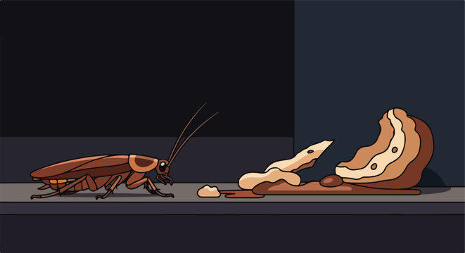 A cartoon cockroach crawls on a dark surface toward a discarded piece of food