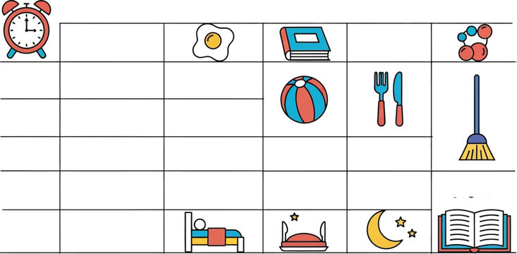 Daily Routine Icons: Alarm Clock, Breakfast, Bedtime, Book, Ball, Broom