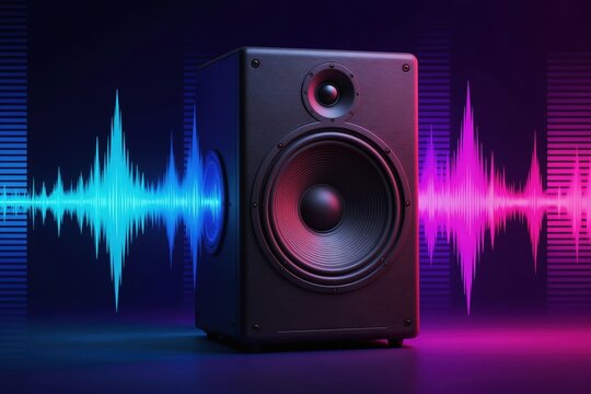 Black speaker outputs colorful sound waves. Blue wave on left, pink wave on right. Dynamic audio visualization suggests music, tech, digital art, and parties.