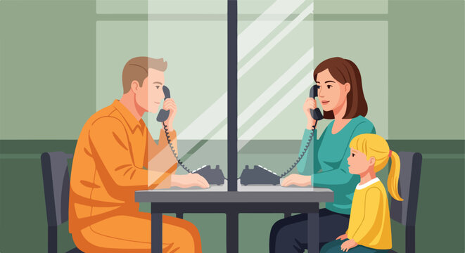 A man in a prison uniform talks to a woman and child through a glass partition
