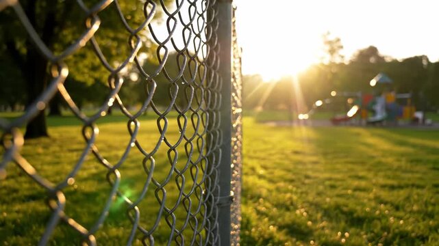 A close-up view of chain-link fence, with a park in the background and a setting sun
