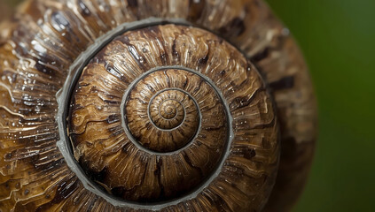 Macro view of a brown snail shell spiral. Geometric nature. 