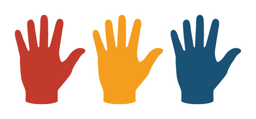Fototapeta premium Colorful open hands vector illustration. Three raised hands in red, orange, and blue, symbolizing community, diversity, and support. Ideal for social issues, teamwork