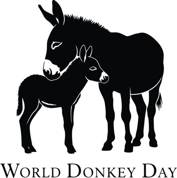 Black silhouette illustration of a mother donkey with her baby foal standing together for World Donkey Day event