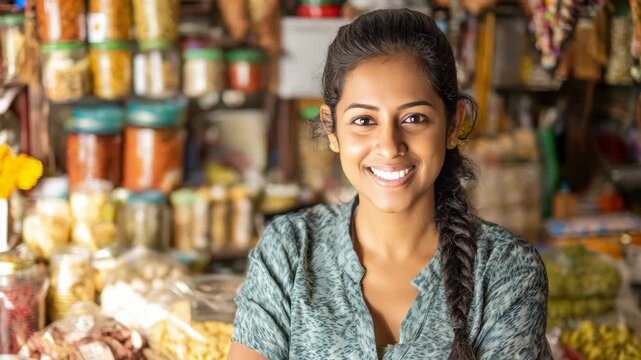 A young woman with closed eyes smiles at the camera while standing behind a spice stall filled with jars of spices and herbs.