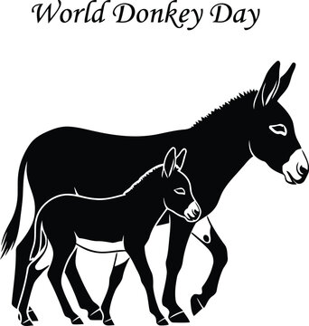 Black and white illustration of a mother donkey walking with her baby foal for World Donkey Day celebration event
