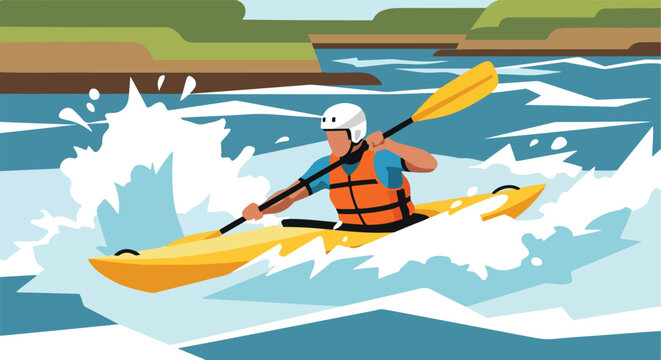 A person in a yellow kayak paddles through white water rapids in a river setting