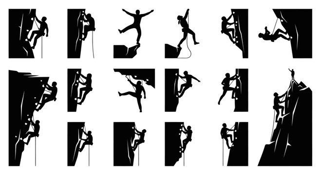 Silhouette illustrations of rock climbers in various poses and movements.