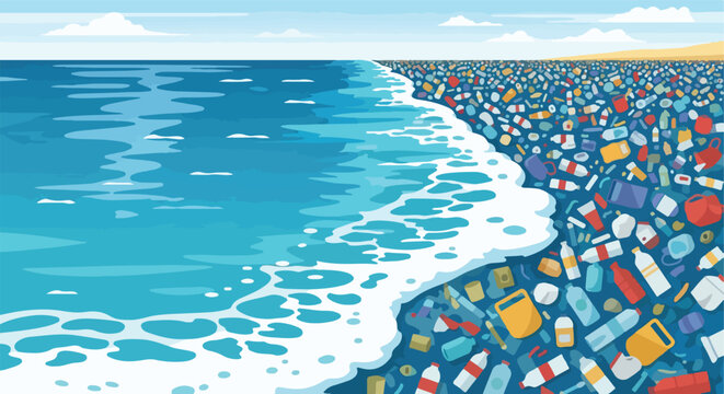 An ocean beach littered with discarded plastic bottles and trash waste pollution