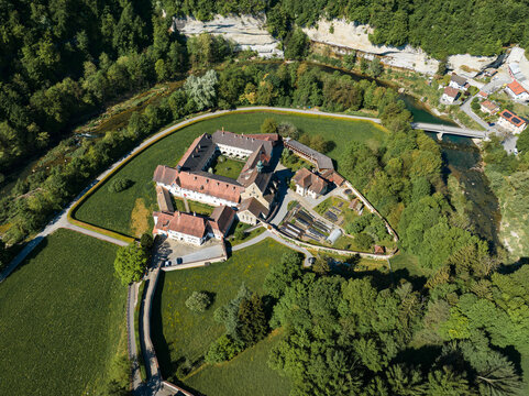 Aerial view of Magerau Abbey and Saane river near Fribourg, Switzerland
