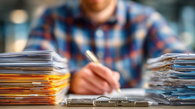 Man preparing corporate tax documents with stacks of paperwork on a desk in a blurred office background