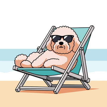 A curly-haired dog wearing sunglasses relaxing on a beach chair by the ocean