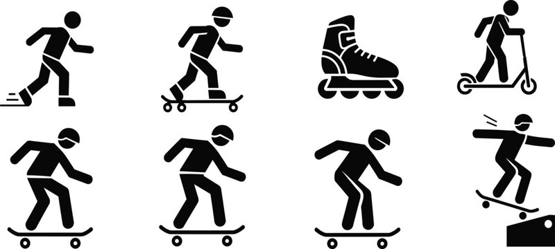 Skater and Extreme Sports Stick Figure Icon Set Featuring Skateboarding, Rollerblading, and Scootering Activities for Urban Lifestyle, Youth Culture, and Sports Graphic Designs