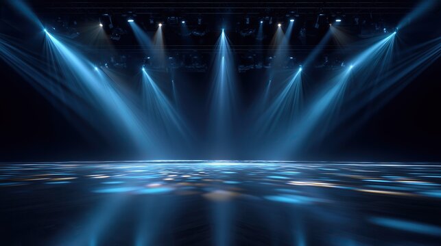 Empty scene with blue tones,  with multiple spotlights and dramatic light beams over glossy floor.