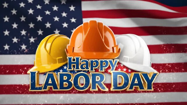 Happy Labor Day text with hard hats and American flag background