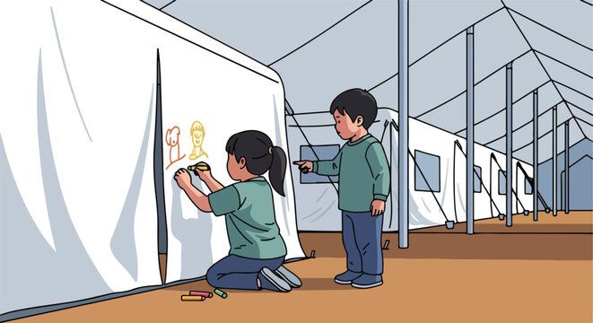 A girl draws on a tent wall while a boy watches inside a large refuge shelter