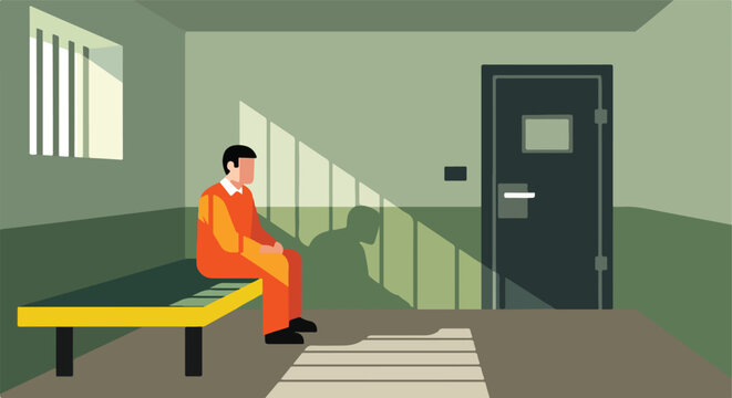 A solitary inmate sits on a bed inside a bleak prison cell with barred window