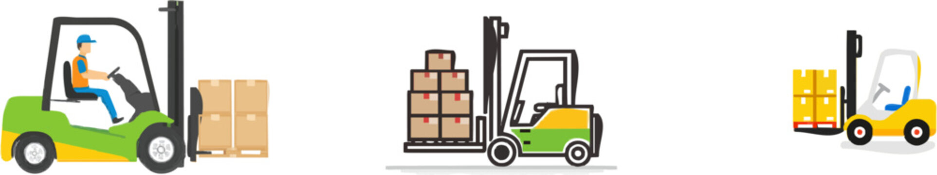 A high-reach order picker forklift operates in a tall warehouse aisle, maneuvering boxes with precision against a clean, detailed illustration featuring flat solid colors and no shadows or gradients