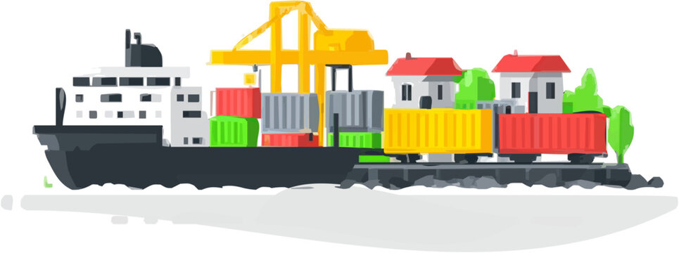 A sleek cargo ship docked at a modern intermodal terminal, seamlessly integrating sea, rail, and road transport systems under a clean, organized vector illustration with flat solid colors on a white