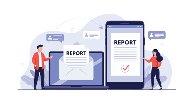 Professional business couple analyzing digital financial reports on a laptop and smartphone for better data tracking and company results.